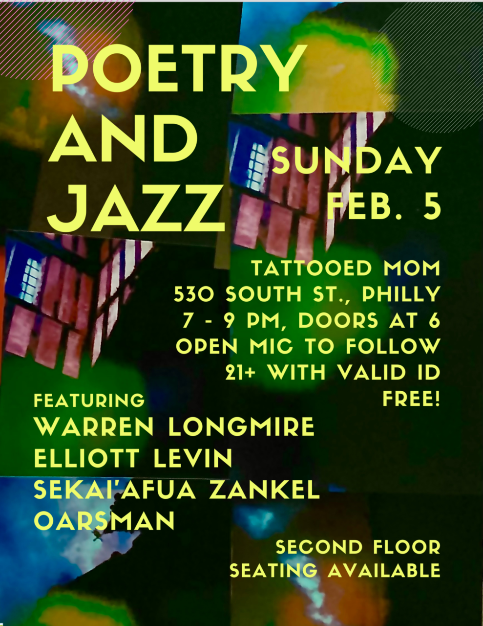Join us for an evening of poetry and jazz from local Philadelphian authors, musicians, and performers.
