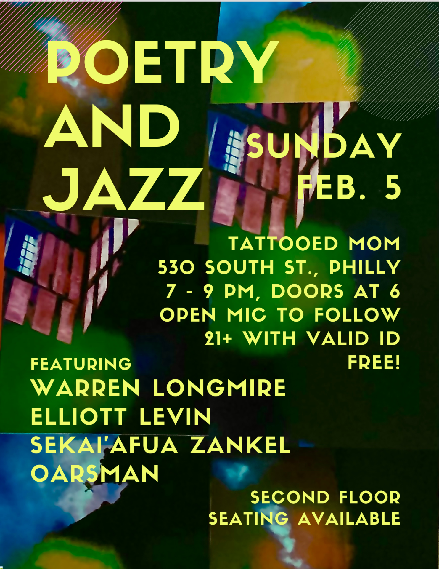 Join us for an evening of poetry and jazz from local Philadelphian authors, musicians, and performers.