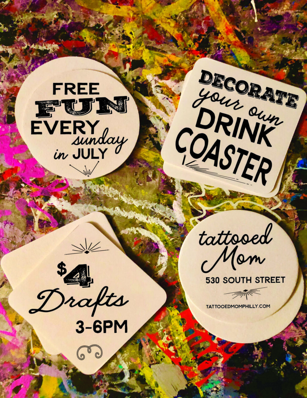FREE Coaster Arts & Crafts: Every Sunday in July at Tattooed Mom // July 5th
