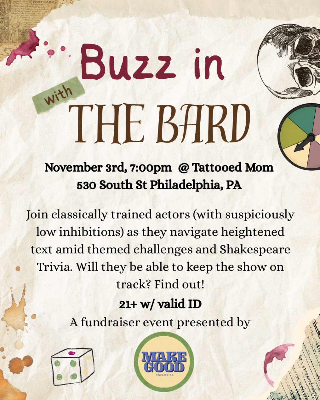 Buzz in with the Bard - Tuesday, November 3 at 7:00 PM at Tattooed Mom in Queen Village, Philadelphia
